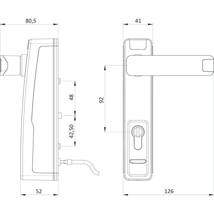 Schéma dimensions module extérieur électromécanique Trim Tronic ISEO avec béquille et entraxes de fixation