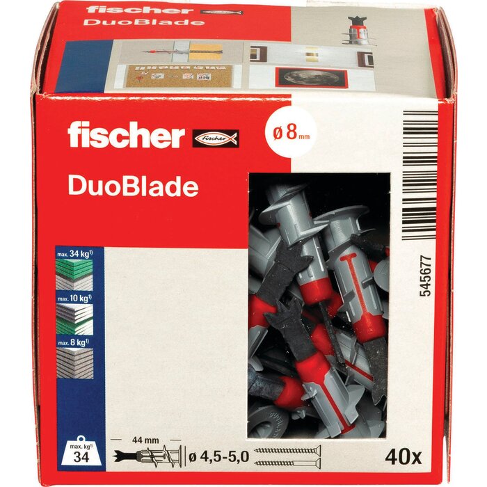 Image du conditionnement en boîte de 40 pièces des chevilles autoforeuses DuoBlade de chez Fischer