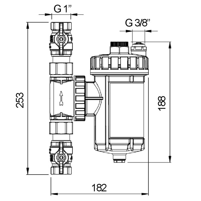 Schéma des dimensions du filtre désemboueur magnétique SafeCleaner2 - 800 RBM avec raccords F 1 pouce