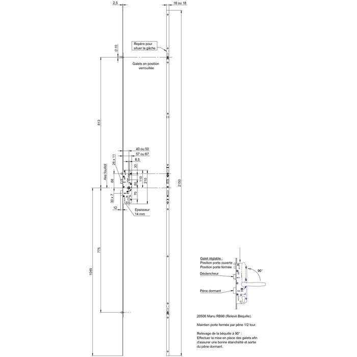 Schéma dimensions serrure-crémone multipoints 20500 RB90 Vachette axe 40 mm entraxe 70 mm