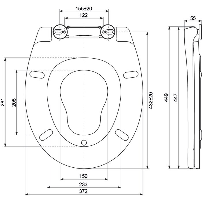 Schéma technique abattant WC Family Odyssea avec réducteur enfant intégré dimensions entraxe réglable 135 à 175 mm