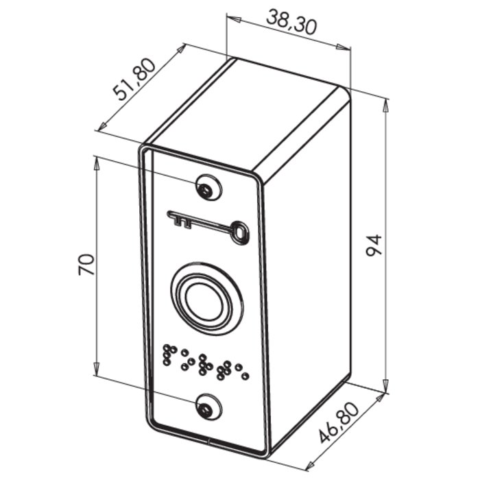 Schéma des dimensions du bouton poussoir lumineux Sewosy avec plaque braille et boîtier en applique