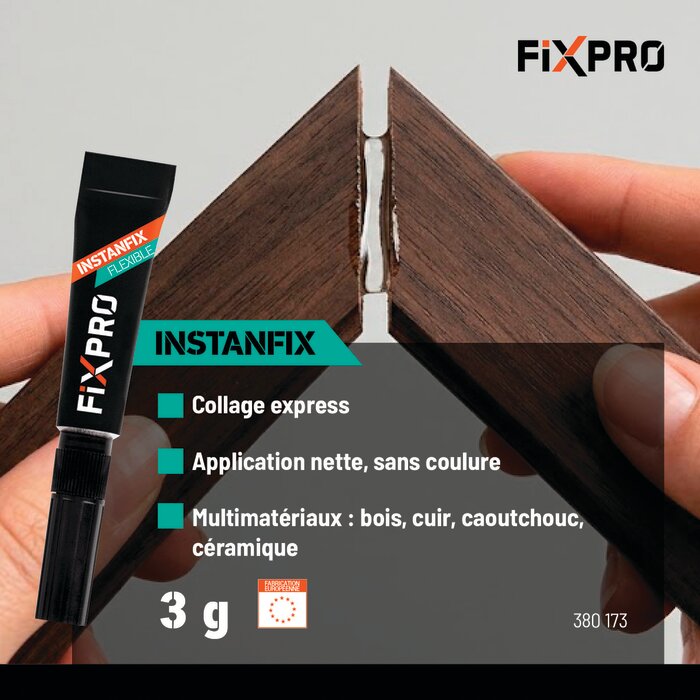 Application de la colle cyanoacrylate flexible Instanfix Fixpro pour un collage précis et sans coulure