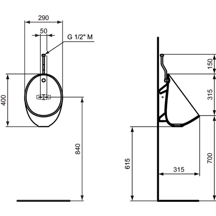 Pack urinoir blanc brillant en applique -  Sans bonde - 290x315x550 mm - Porcher