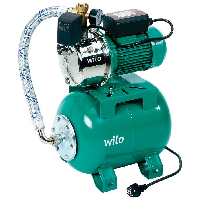 Groupe de surpression monocellulaire Wilo Jet HWJ-203-EM/2-2 avec pompe auto-amorçante en acier inoxydable et réservoir à vessie de 20 litres