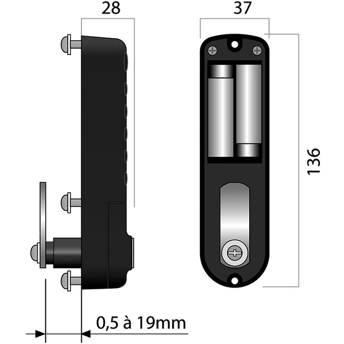 Schéma dimensions serrure électronique à code Loker 20 Lokod pour meuble épaisseur 0,5 à 19 mm