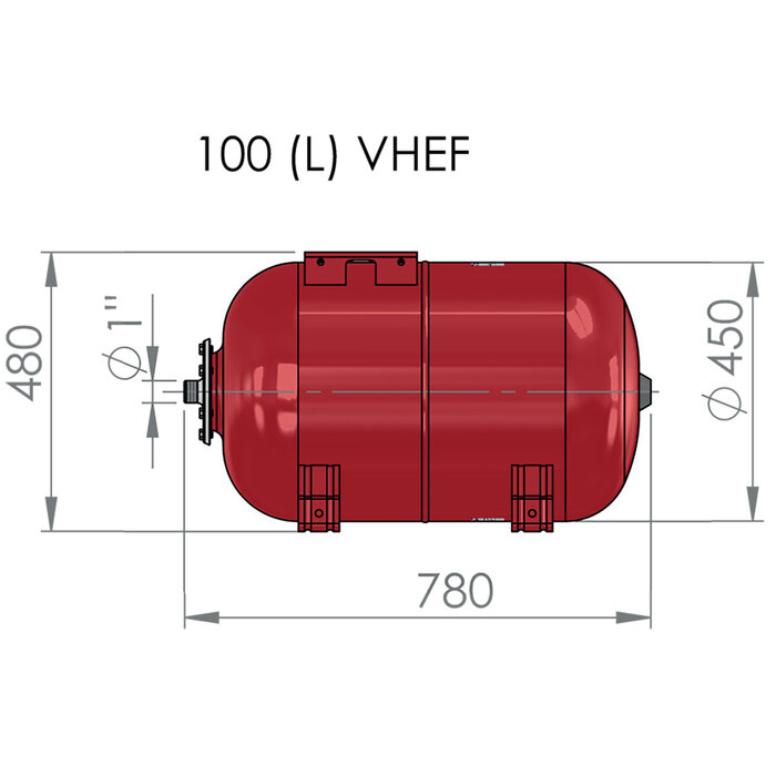 Schéma du vase d’expansion horizontal à vessie 10 L pour pompe et surpression - raccord 1 pouce mâle