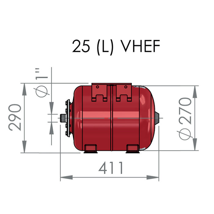 Schéma du vase d’expansion horizontal à vessie 25 L pour pompe et surpression - raccord 1 pouce mâle