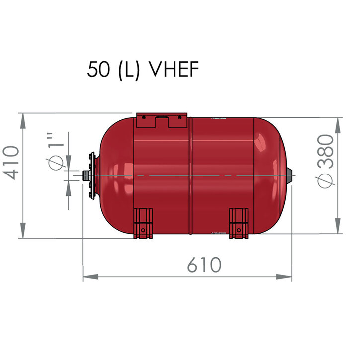 Schéma du vase d’expansion horizontal à vessie 50 L pour pompe et surpression - raccord 1 pouce mâle