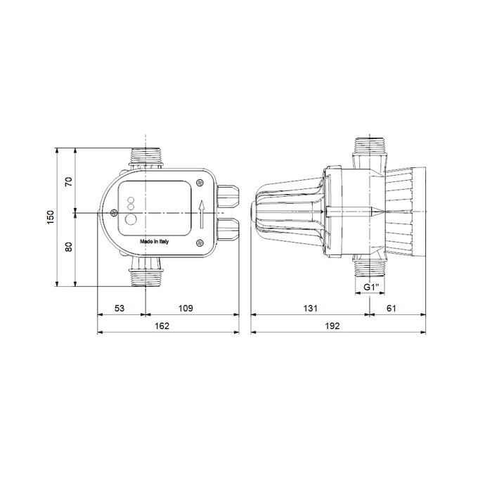 Schéma d’installation du gestionnaire de pression PM START pour pompe – raccordement hydraulique G 1 pouce et branchement électrique