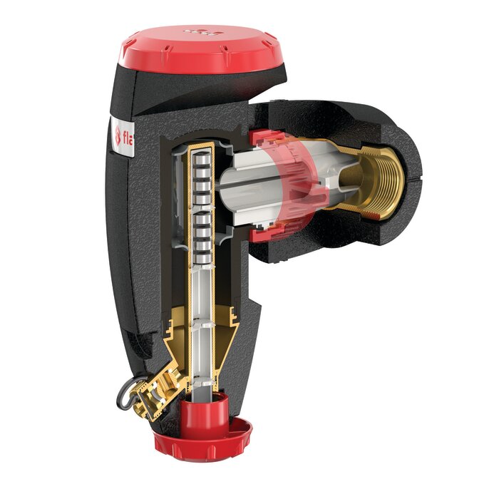 Séparateur de boues magnétique Flamco XStream Clean DN20 FF 3/4 avec isolation, vue en coupe montrant le système de filtration interne et l’aimant