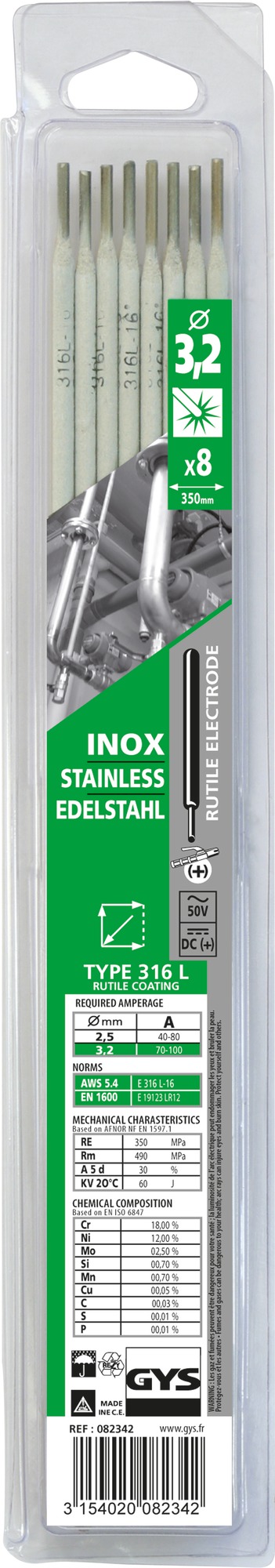 Electrode inox Gys - Diamètre 3,2 mm - Vendu par 8