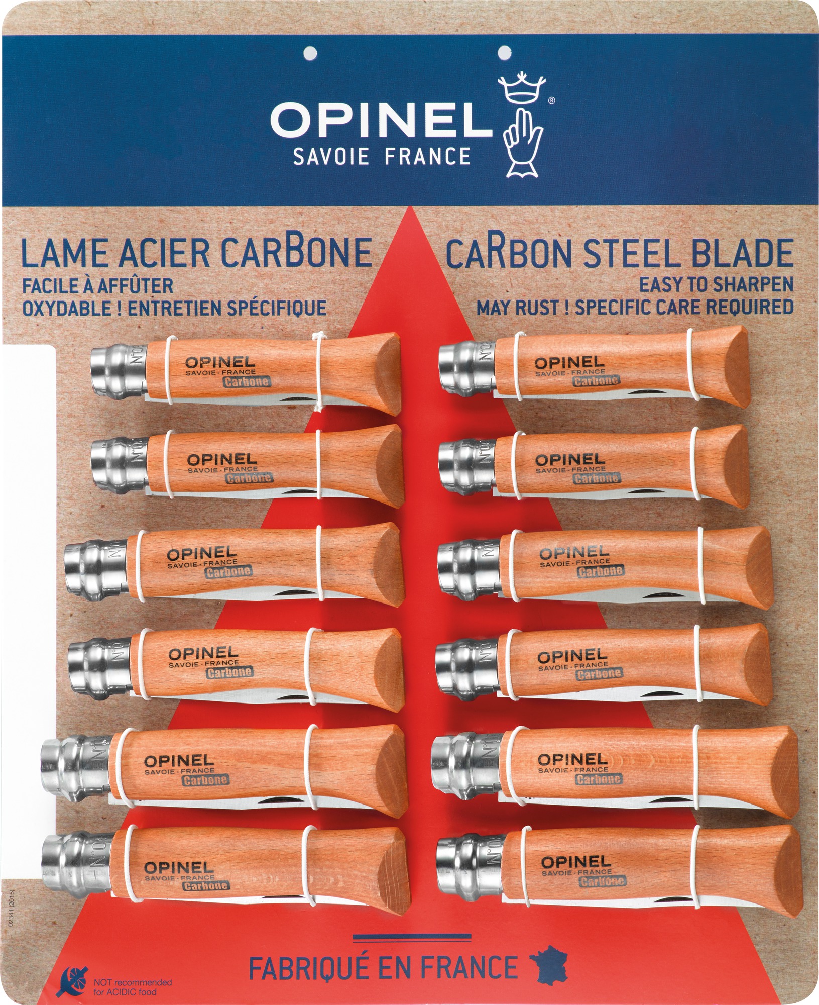 Couteau lame acier carbone Opinel - 12 couteaux assortis 4 n°6 - 4 n°7 - 4 n°8 - Vendu par 12