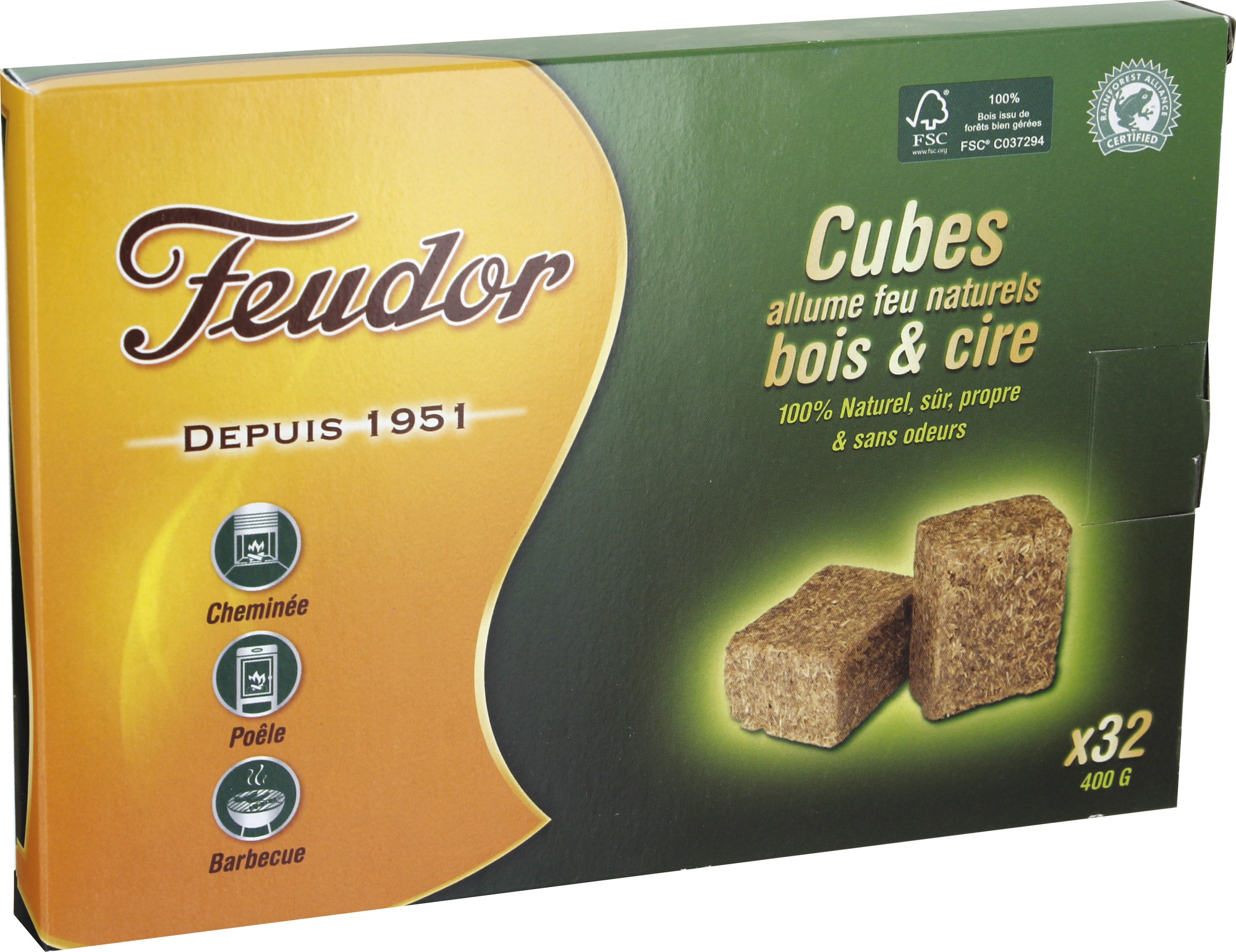 Cubes bois et cire Feudor - 32 allume-feu