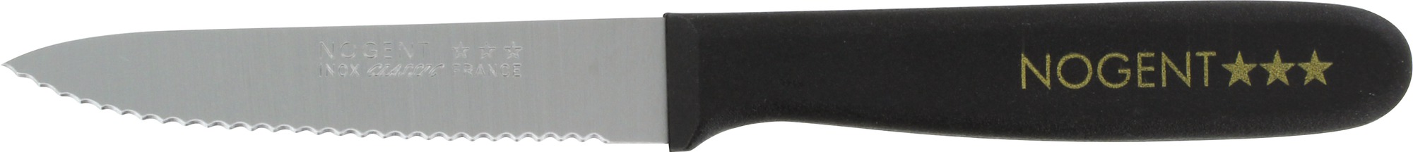 Couteau manche résine Classic Nogent - Office - Lame pointue 9 cm crantée 1 mm - Manche noir