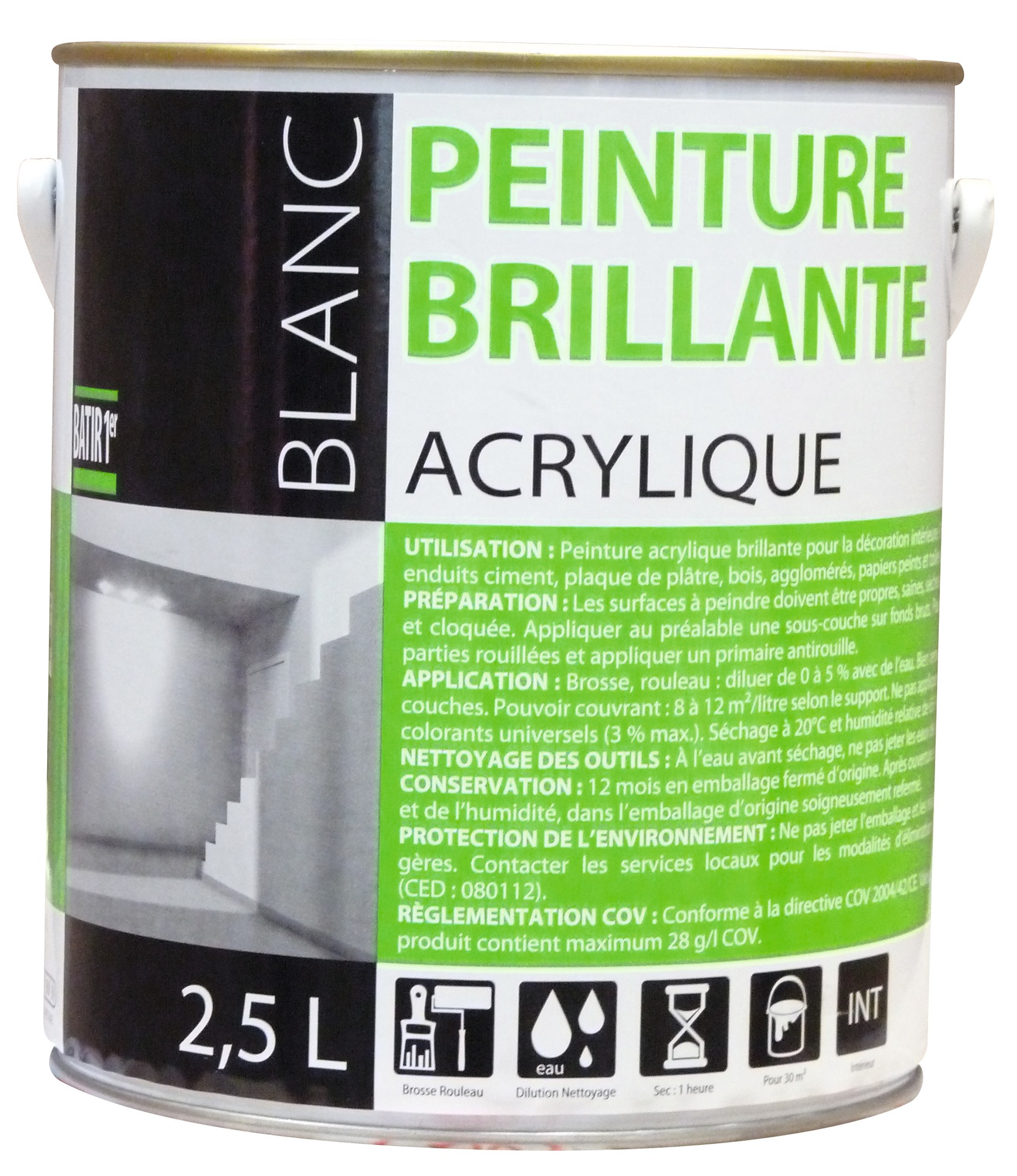 Peinture acrylique Batir 1er - Boîte 2,5 l - Brillant - Blanc