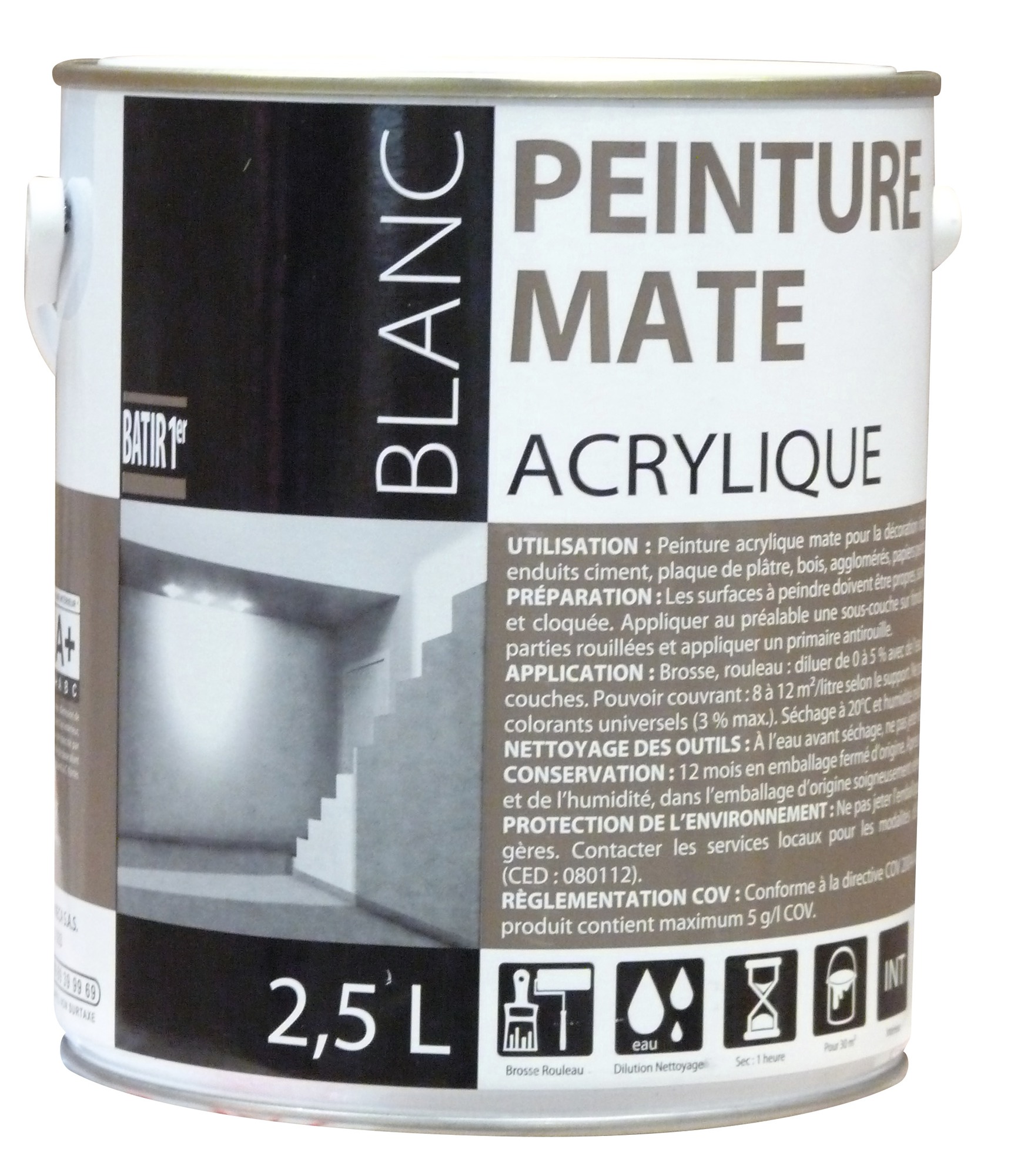 Peinture acrylique Batir 1er - Boîte 2,5 l - Mat - Blanc
