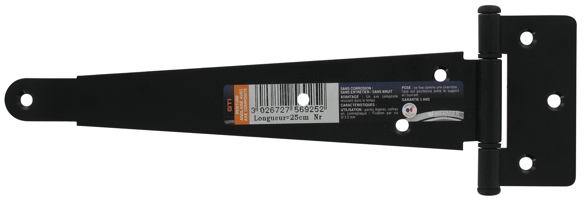 Penture anglaise cataphorèse noire axe composite Mermier Quincaillerie - Longueur 25 cm
